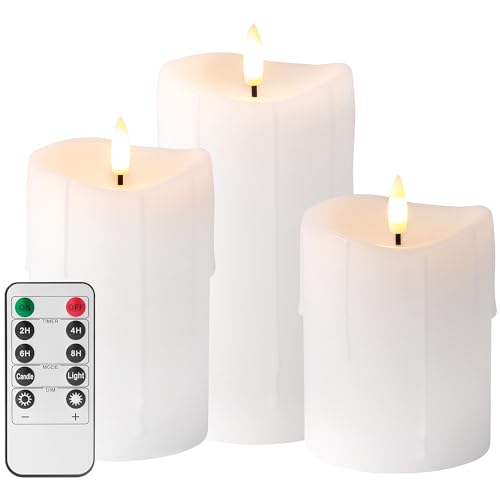 Image of White Flameless Candles with Remote and Timer, Real Wax Made Wax Drip LED Pillar Candles Battery Operated with 3D Flickering Flame Melted Top - 3 inch x 4 inch,5 inch,6 inch - Set of 3
