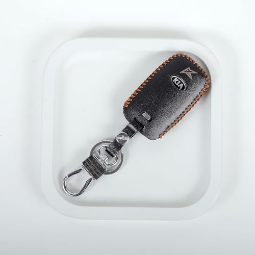 Image of Leather Smart Car Key Cover Case with Metal Hook Keychain for Kia Seltos, Carnival (Black)