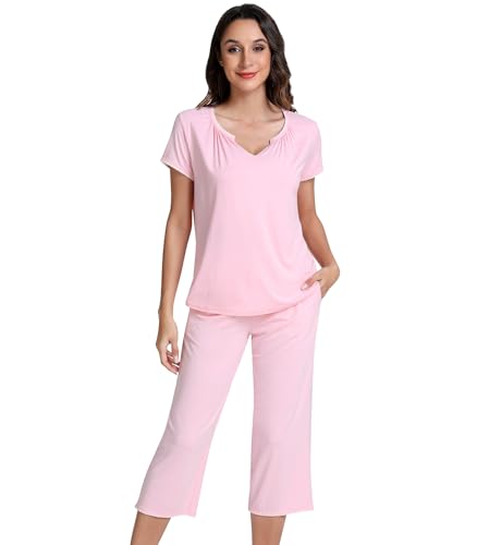 Image of NACHILA Bamboo Viscose Women's Pajamas Set Short Sleeve Pjs and Capri Pants | Soft like cloud