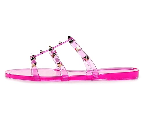 Image of Women Flats Sandals, Studded Jelly Shoes Size 9 Red Dressy Summer Beach Rivets Strappy Jellies Slide Slip On Open Toes