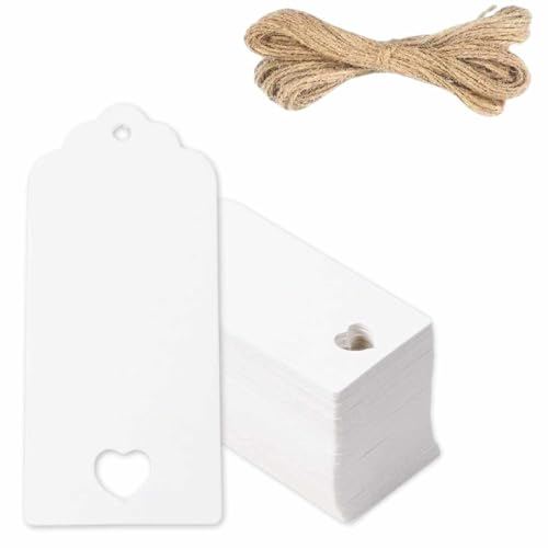 Etiquetas de Papel Kraft, Etiquetas de Regalo, Etiquetas con Cuerda Yute para Manualidades, Etiquetas Kraft navidad, etiquetas rectangulares corazón, 9 x 4 cm, Incluye cuerda, 100 unidades
