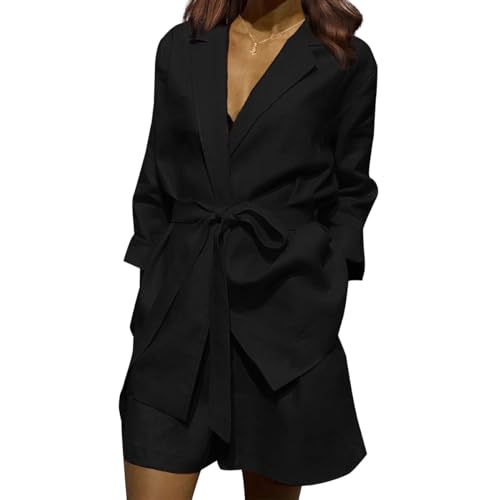 2 Piece Outfits for Women Long Sleeve Business Office Matching Sets Jacket and Shorts Sets with Pocket