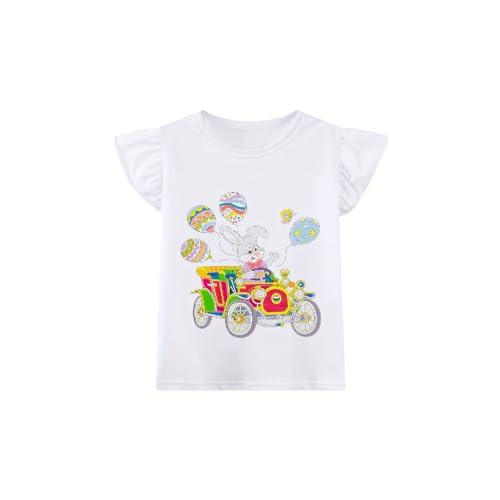 Image of HILEELANG Big Girl Summer Short Sleeve Cotton White Bunny Graphic Fun Holiday Wear Casual Crewneck T Shirt 8T