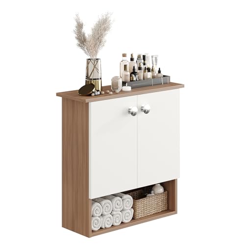 Image of FURNEASER Modern Engineered Wood Bathroom Storage Cabinet | Wall Mount Utility Organizer, Wash Area, Living Room & Bedroom | Space Saving Multipurpose Storage Unit (Exotic Teak & White)
