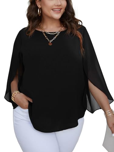 SCOMCHIC Plus Size Blouses for Women Summer Chiffon 3/4 Sleeve Tunic Tops Dressy Scoop Neck Casual Loose Flowy Shirts