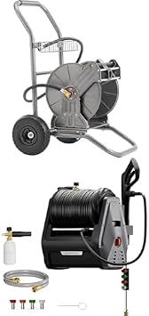 Giraffe Tools Metal Water Hose Reel Cart,200 ft of 1/2 Capacity+Giraffe Tools Grandfalls Wall Mounted Pressure Washer with 100ft Hoses, G30B, Max 2900 PSI, 2.2 GPM, Foam Cannon, 4-Nozzles