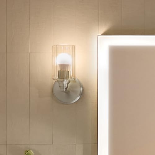 Image of Kichler Gioe 5 inch 1-Light Wall Sconce with Clear Fluted Glass in Brushed Nickel, Damp Rated, for Powder Room, Kitchen, Hallway, Bedroom, Fireplace, (5 inch W x 9.5 inch H), 55224NIFLU