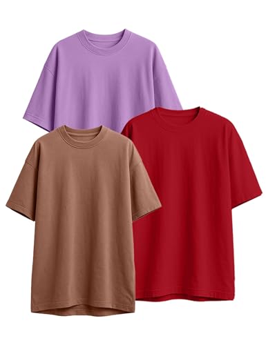 Image of Veirdo 100% Pure Cotton Drop Shoulder Oversized Baggy Fit Half Sleeve Plain Solid Round Neck Multicolor T-Shirt Combo for Men (Pack of 3) (Sizes S-2XL)
