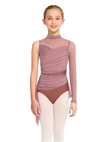 Agoky Vestido Brillante De Danza para Niña Maillot De Manga Larga De Patinaje Artístico Vestido De Bailarina Actuación Rosa empolvado 11-12 años