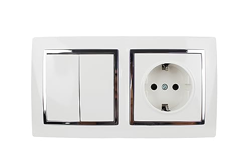 Enchufe Doble, Enchufe de Pared, Toma de Corriente Doble, Color Blanco, para Montaje en Superficie,10AX,16A,250V, 2 Enchufes (1 TOMA+2 INTERRUPTORES)