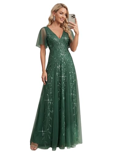 Image of Ever-Pretty Women's Sequin Formal Dresses Evening Gown Sparkly V-Neck Short Sleeve Floor Length Mother of The Bride Dress 736