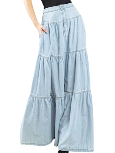 utcoco Womens Y2K Low Waist Tiered Denim Skirt Vintage Distressed A-Line Maxi Long Jean Skirt with Pockets