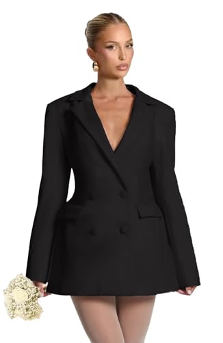 OEUVIGF Black Suit Dresses for Women 2026 Satin Notch Lapel Long Sleeves Work Party Dress M Black