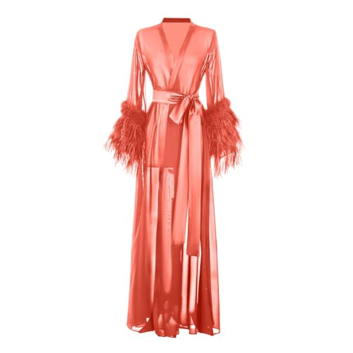 Women's Feather Fur Bridal Sheer Robe Chiffon Lingerie Nightgown Bathrobe Sleepwear Wedding Scarf Illusion Women