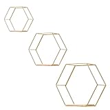 Gold Floating Wall Shelves Set of 3,Metal Hexagon Shelving Geometric Wall Mounted Design for Living Room, Bedroom, Kitchen & Office Decor, Easy Install Modern Display Shelves with Golden Finish