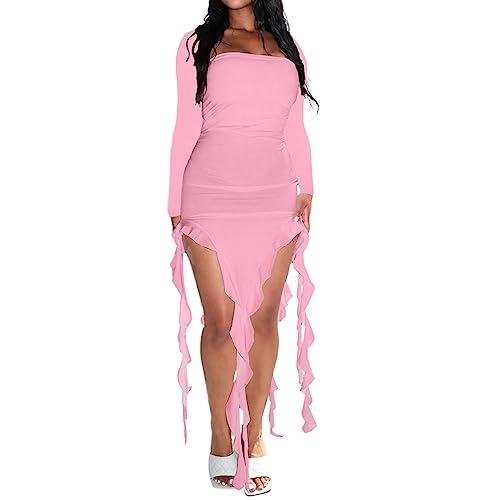 Finegoodwei Vestido feminino colado ao corpo com decote quadrado, cor lisa, manga comprida, com baba