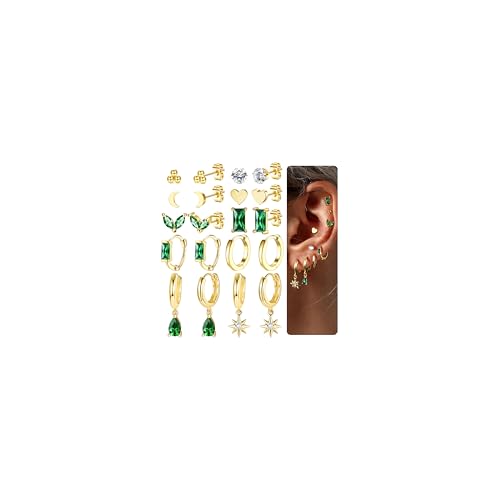 HAIAISO 10 Pairs 14K Gold Plated Huggie Hoop Studs Earrings for Women Small Dangle Hoop Earring Stacks Green Earrings Set for Multiple Piercing