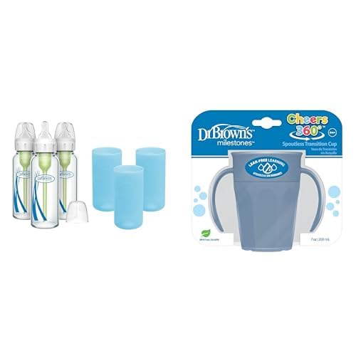 Dr. Brown's Anti-Colic Options+ Narrow Glass Baby Bottles 8oz and Level 1 Slow Flow Nipple, 3-Pack 0m+ and Blue Silicone Sleeves and Milestones Cheers 360Spoutless Transition Cup w Handles Blue