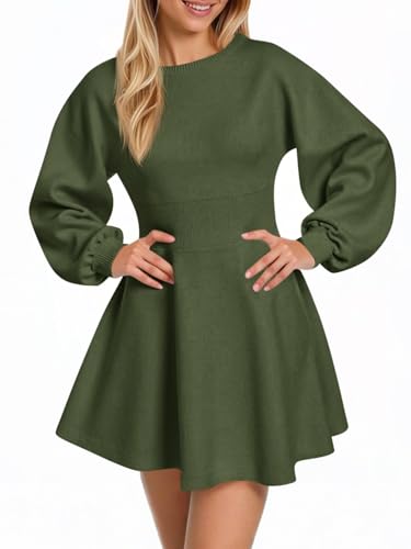 Cicy Bell Womens Puff Long Sleeve Sweater Dresses Casual Trendy A-Line Short Mini Dress Fall High Waisted Skater Dress