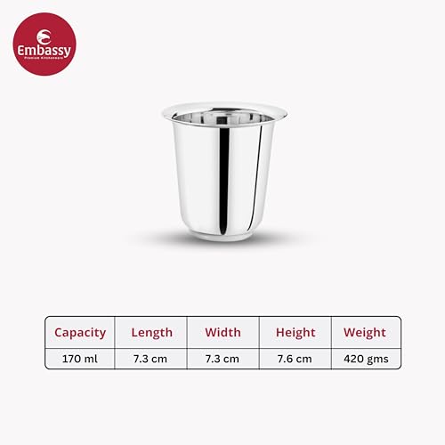 EMBASSY Stainless Steel Mayuri Glass | Capacity - 170 ml/Glass | Pack of 6 | Size - 2 |Traditional South Indian Filter Coffee Glass | Ideal for Tea & Coffee | Multipurpose Steel Glass