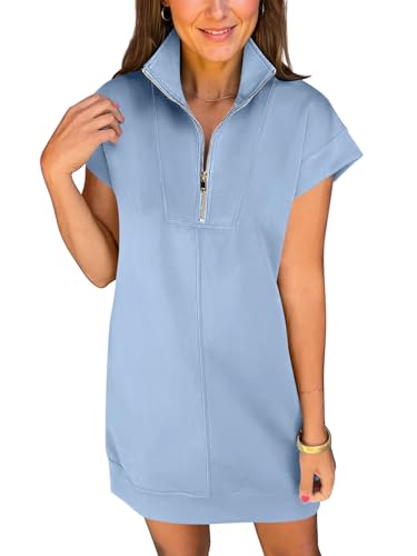 Image of ANRABESS Womens Summer Casual Half Zip Cap Sleeve Trendy Wrinkle-Free Tshirt Dress 2026 Spring Beach Vacation Short Dresses