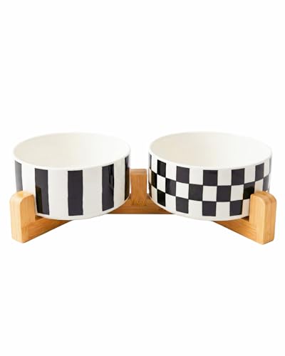 TRUVIC Ceramic Dog Bowl Set of 2 with Wood Stand Black and White Checkered & Striped Dog Food and Water Bowl Set 3.5 Cup/28 oz Elevated Puppy Food Bowls for Medium Dogs Dishwasher Safe