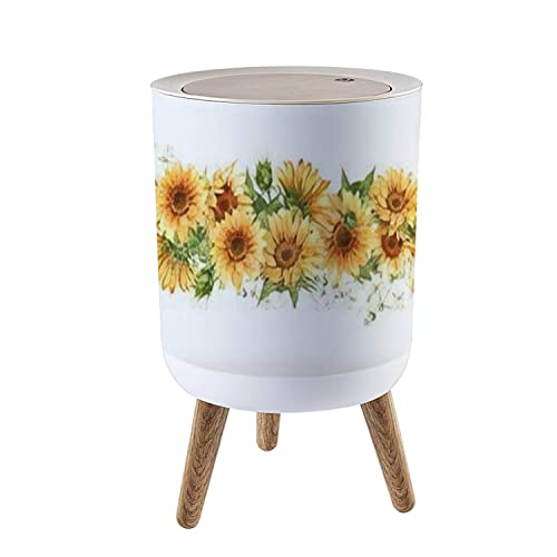 Image of Small Trash Can with Lid Sunflower seamless Watercolor horizontal border Yellow rural flowers Round Recycle Bin Press Top Dog Proof Wastebasket for Kitchen Bathroom Bedroom Office 7L /1.8 Gallon