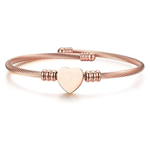 JJDreams Stainless Steel Cuff Bracelet Shiny Initial Love Heart Charm Pendant Adjustable Wrist Bracelet Bangle Cuff Bracelet for Women,Rose Gold Cover