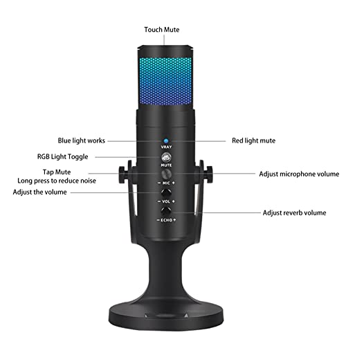 Microfone Condensador - Mic Condensador USB com Quick Mute, Indicador RGB,Saída de fone de ouvido, c