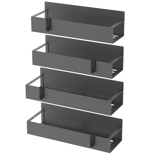 Image of HuggieGems Metal Magnetic Spice Rack for Refrigerator Dark Gray, 4 Pack | Magnetic Shelves Heavy Duty for Fridge in Kitchen, Seasoning Storage Organizer, For Oven Washer and Dryer, For Heavier Items