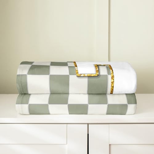 Image of Erosebridal Sage Green Checkered Fuzzy Plush Throw Plaid Initial T Fleece Blanket Personalized Monogram Flannel Blanket for Kids Boys Girls,Fashion Grids Gingham Decor for Bed Couch Twin 60 inchx80 inch
