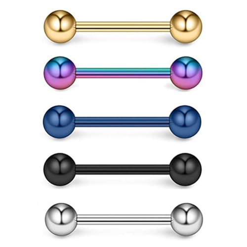 ROSTIVO Tongue Rings for Women Stainless Steel Stud Barbell Tongue Ring for Men 14 Gauge Mix-color Piercing Jewelry 5 PCS