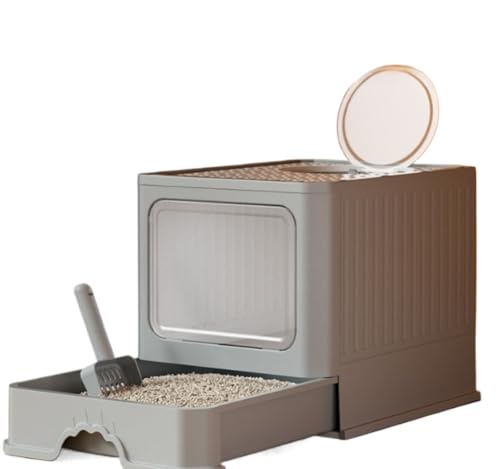 Tuyiutm 猫砂入れ 本体 大容量 折りたたみ式トレイ 引き出し式トイレトレイ 上部からの砂の飛び出しを防止 トイレトレイ お手入れ簡単 消臭・抗菌 ヘラ付き 消臭袋付き 組立不要 おしゃれ 猫用品 (グレー)