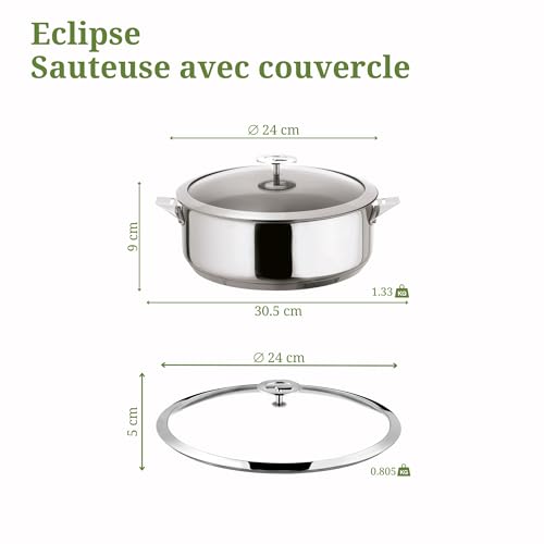 Cuisinox - Eclipse - Sauteuse 24 cm powłoka ceramiczna - Dno zamknięte - Nadaje się do wszystkich kuchenek, w tym indukcyjnych - Stal nierdzewna 18/10 - Wykończenie lustrzane - Pokrywa - Zdejmowane