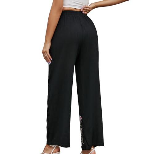 Women's Pants Casual,Floral Embroidered Wide Leg Pants for Women,High Waisted Pants for Women Long Loose Pants.4
