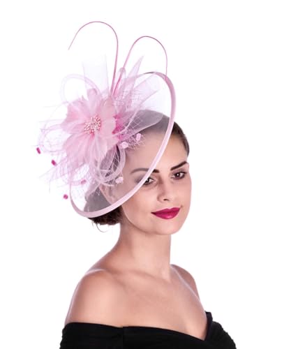 Lucky Leaf Women Girl Fascinators Hair Clip Hairpin Hat Feather Cocktail Wedding Tea Party Hat (8-Pink)