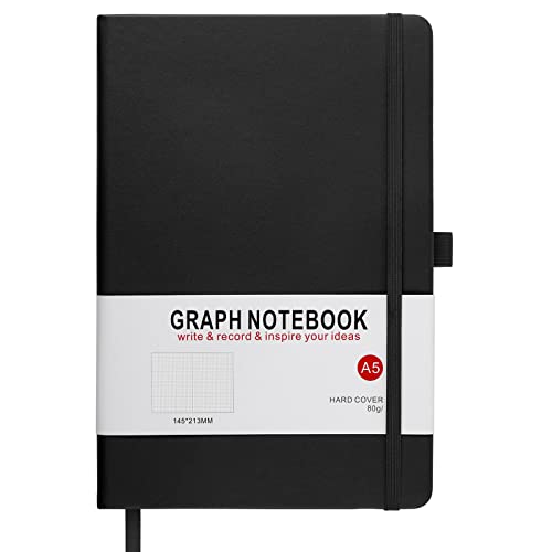 HIJYOO A5 Graph Paper Notebook Squared Notebook 200 Pages A5 Hardback Notebook with Pen Loop and Inner Pocket for Office School Home Business Writing & Note Taking (Black)