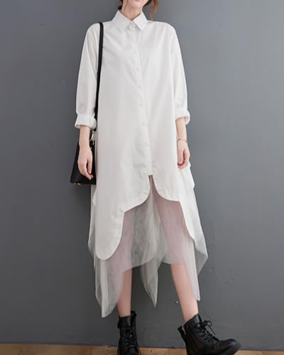 Image of ellazhu Women's Casual Solid Long Sleeve Irregular Tulle Shirt Dress GZ45