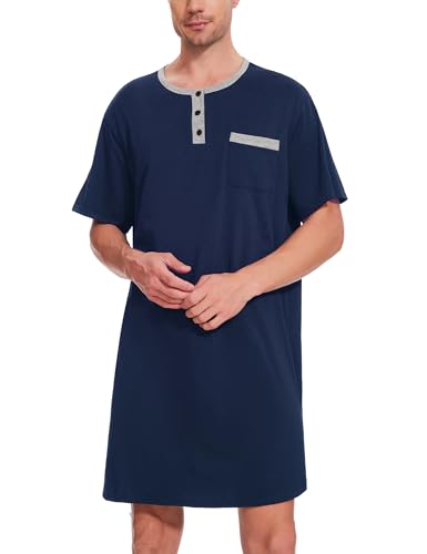 Uniexcosm Nachthemd Herren Kurzarm Schlafshirt Rundhals Einteiliger Schlafanzugoberteile Pyjama Tops Bequem Nachtwäsche Sleepshirt mit Knopfleiste und Brusttasche Marineblau 3XL