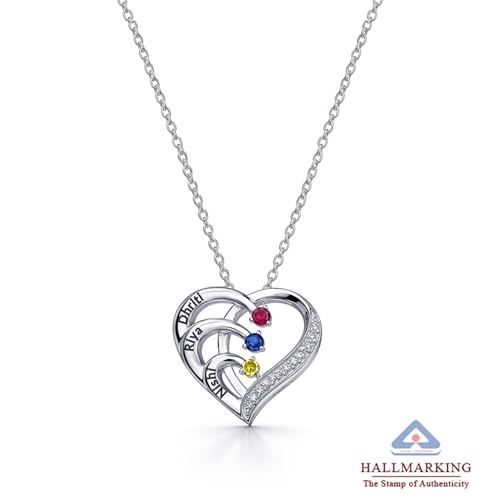 Image of TRUESILVER ACPL 925 Sterling Silver Personalized Photo Necklace for Women | Custom Couple Heart Pendant with Name Date & Birthstone | Engraved Picture Necklace Gift for Wife Mother Anniversary Birthday