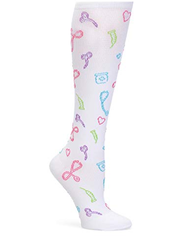 Nurse Mates Women's 12-14 Mmhg Wide Calf Compression Trouser Sock, Symbols White, OSFM