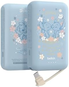 【ディズニースティッチ】Belkin モバイルバッテリー(10000mAh, 20W, USB-Cケーブル内蔵) 3C対応 最大20W PD高速充電対応 PPS対応 iPhone&Androidスマホ対応 2台同時充電 PSE技術基準適合 軽量&コンパクト 機内持ち込み可能 アウトドア/災害/緊急用の便利グッズ メーカー保証2年 BPB021qcLS-DY