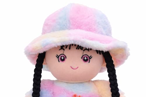 Image of Soft Plush Doll for Kids - Rainbow Pastel Stuffed Toy with Braided Hair & Hat - Cute Fabric Ragdoll for Girls, Toddlers & Babies - Soft Toys for Home Decor, Birthday & Return Gifts (42 cm)
