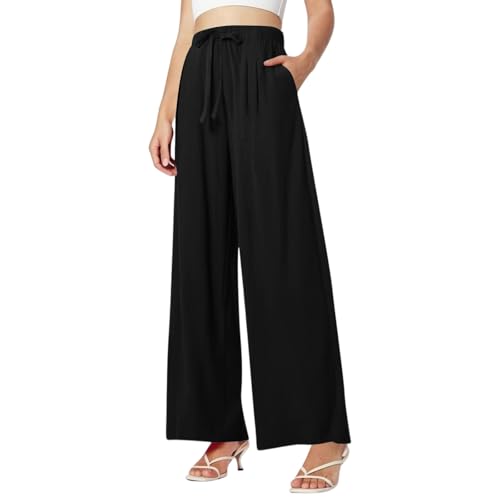 Linen Pants Women Wide Leg Flowy Palazzo Pants with Pockets Ladies Summer Casual Smocked Pull On Beach Pants 2025