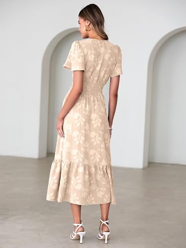 Image of Simplee Womens Summer Boho Maxi Dress Semi Formal Wedding Guest Short Sleeve V Neck Empire Waist Floral Long Dresses