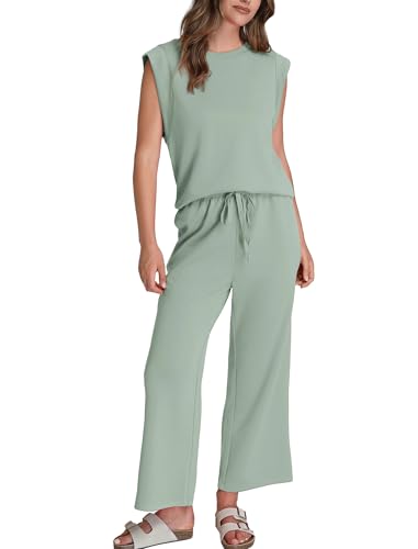 Image of SAMPEEL Two Piece Sets for Women Casual Travel Vacation Outfits Summer Wide Leg Crop Pants Lounge Sets