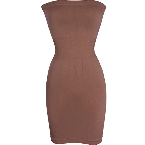 Pacificplex Womens Seamless Smoother Bodycon Stretchy Knit In Nylon Spandex Soft Strapless Short Mini Tube Slip Layering Sexy Dress, One Size, Mocha #TOP4