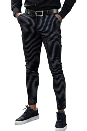 GINGTTO Pinstripe Pants Men Slim fit,Mens Skinny Fit Chino Black Dress Pants