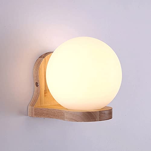 Aplique de pared de globo blanco con soporte de madera y cristal mate E27 2