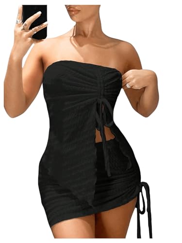 GORGLITTER Women's Sexy Y2K Two Piece Outfits Summer Bandeau Ruched Drawstring Tube Tops Bodycon Mini Skirt Sets Black M - Image 4